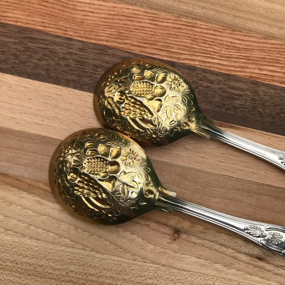 2 W. A. Sheffield KING Silverplate Gold Wash Jelly Spoons - fruit embossed